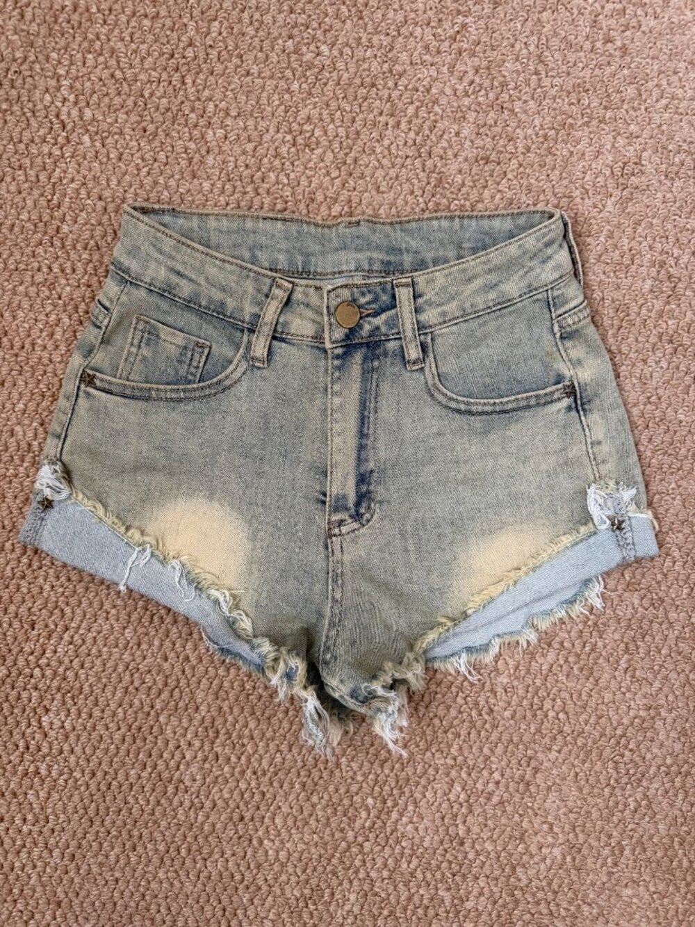 Dutch National High Rise Distressed Denim Shorts Light Wash Frayed Hem Size S
